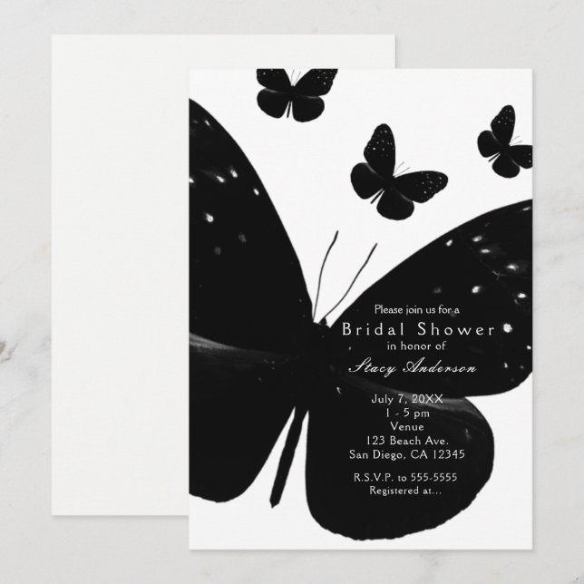 Invitaciones de fiesta blancas con mariposas negra (Anverso / Reverso)