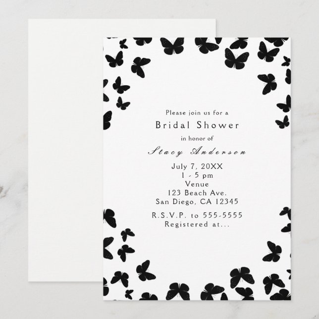 Invitaciones de fiesta blancas con mariposas negra (Anverso / Reverso)