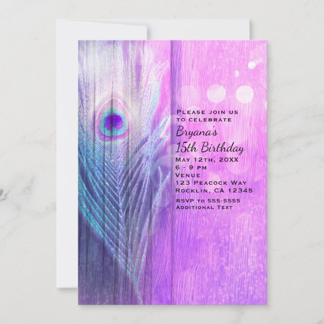 Invitaciones de fiesta boho de pluma de pavo real  (Anverso)