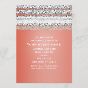 Invitaciones de fiesta con brillo de plata y coral