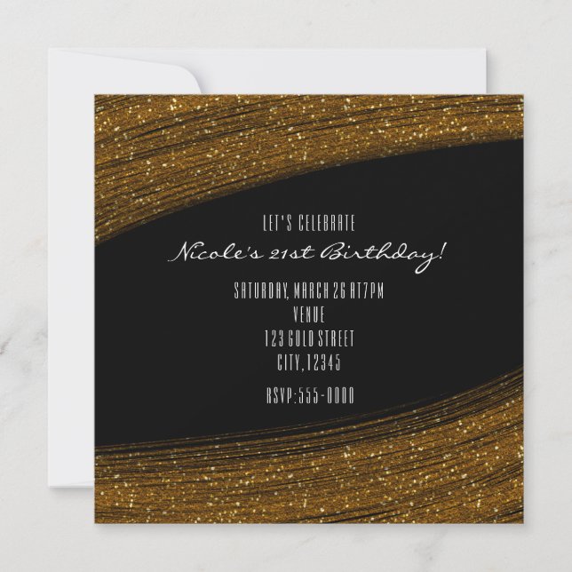 Invitaciones de fiesta con brillo dorado y negro (Anverso)