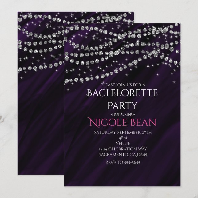 Invitaciones de fiesta con brillo glamour púrpura  (Anverso / Reverso)