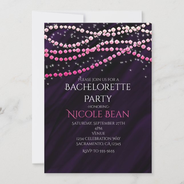 Invitaciones de fiesta con brillo y glamour morado (Anverso)