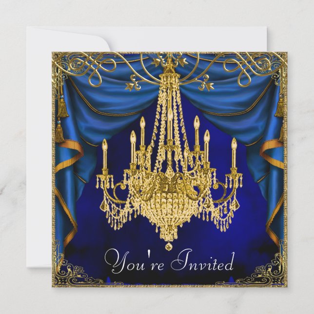 Invitaciones de fiesta con candelabro azul dorado  (Anverso)