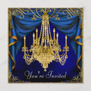 Invitaciones de fiesta con candelabro azul dorado