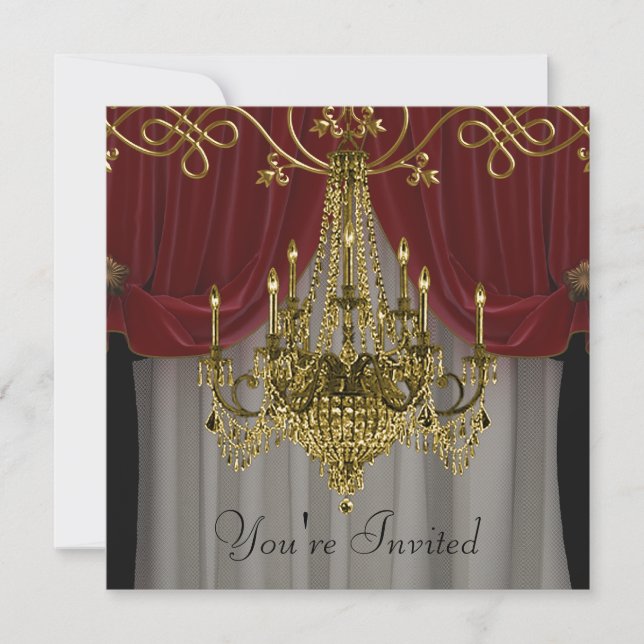 Invitaciones de fiesta con candelabro de oro rojo  (Anverso)