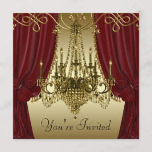 Invitaciones de fiesta con candelabro de oro rojo