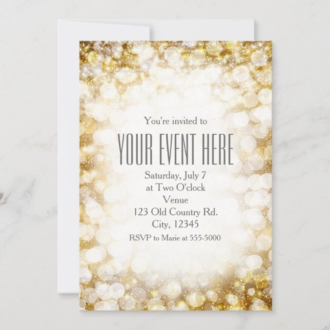 Invitaciones de fiesta con luces brillantes dorada (Anverso)