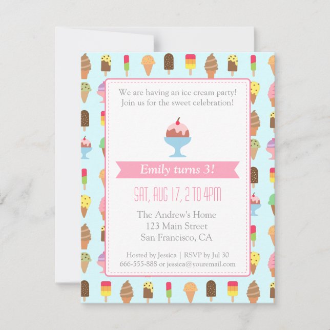 Invitaciones de fiesta con patrón de helado colori (Anverso)