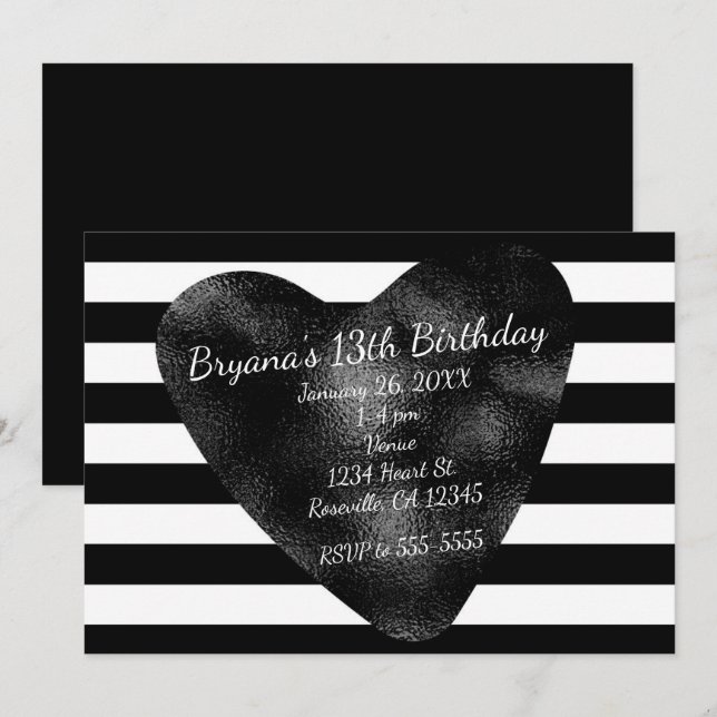 Invitaciones de fiesta con rayas negras y blancas  (Anverso / Reverso)