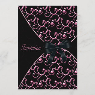 Invitaciones de fiesta con remolinos negros y rosa