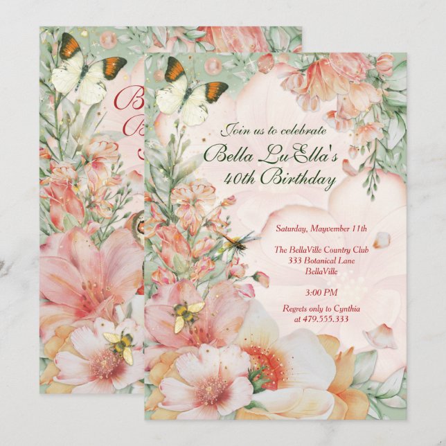 Invitaciones de fiesta con tema floral de jardín (Anverso / Reverso)