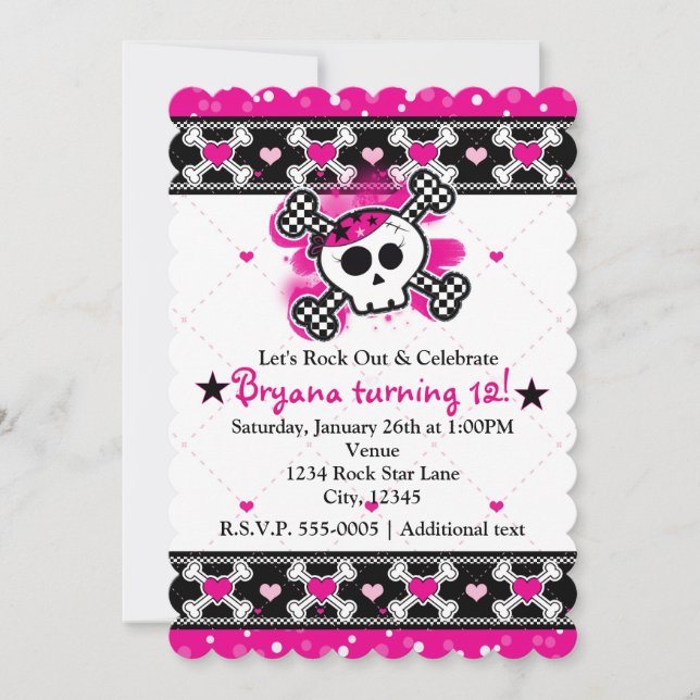 Invitaciones de fiesta Corazones rosas, Calavera y (Anverso)