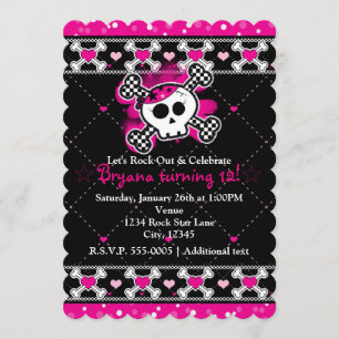 Invitaciones de fiesta Corazones rosas, Calavera y