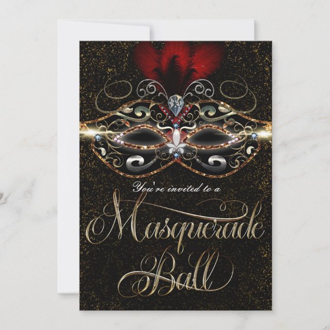 Invitaciones de fiesta de baile de máscaras rojas  (Anverso)