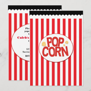 Invitaciones de fiesta de cine con rayas rojas y b