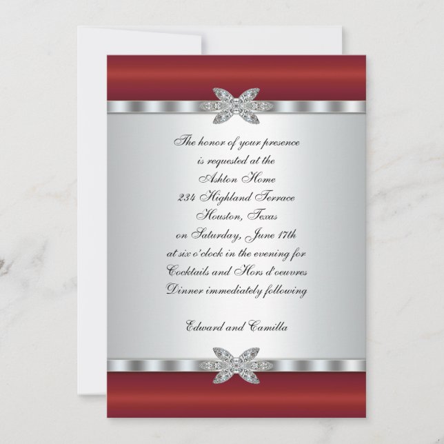 Invitaciones de fiesta de cóctel de plata y rojo (Anverso)