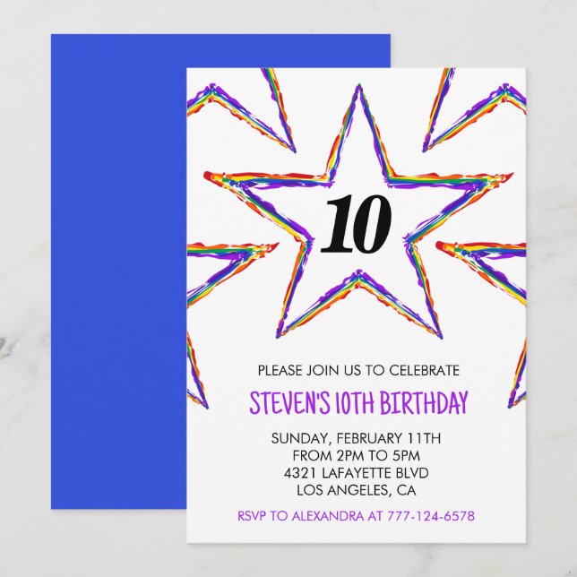 Invitaciones de fiesta de colores Estrellas Arcoír (Anverso / Reverso)
