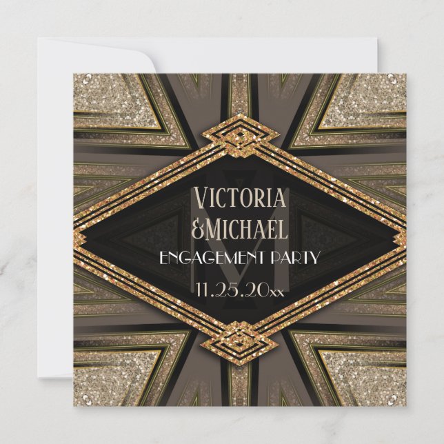 Invitaciones de fiesta de compromiso Art Deco Gold (Anverso)