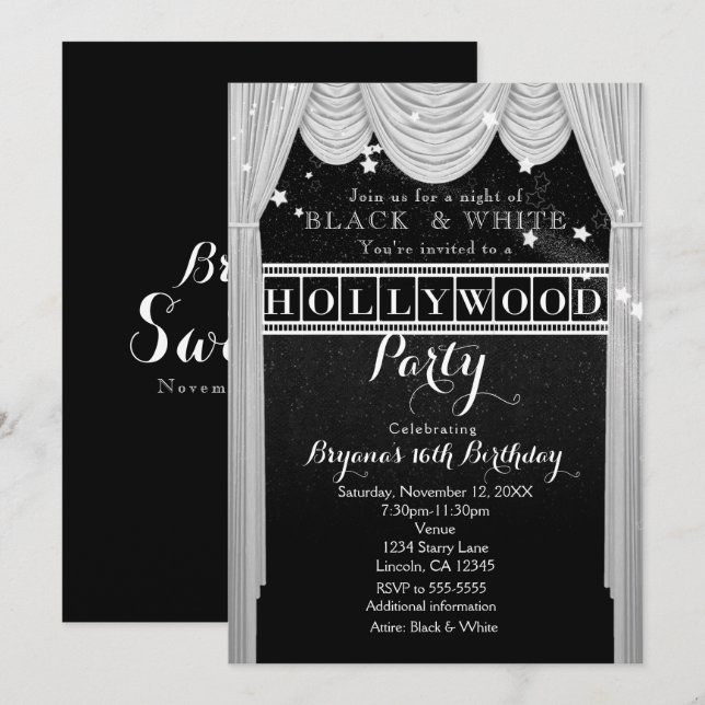 Invitaciones de fiesta de cortinas de HOLLYWOOD en (Anverso / Reverso)