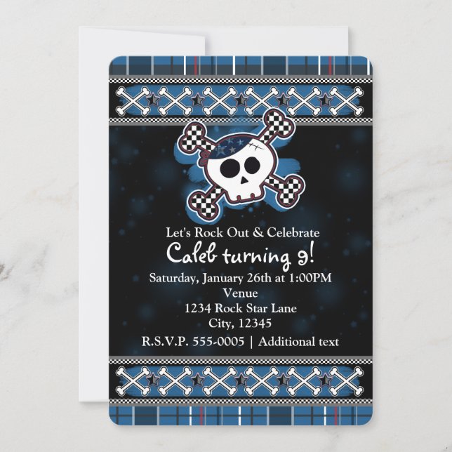 Invitaciones de fiesta de cuadros azules para niño (Anverso)