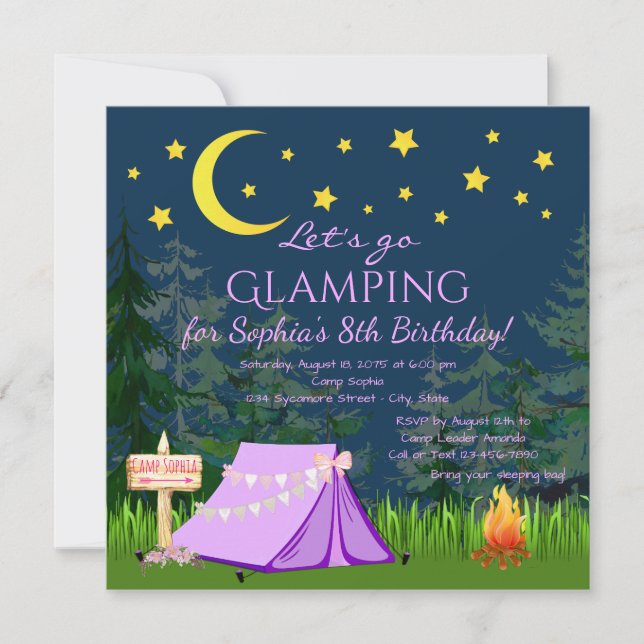 Invitaciones de fiesta de cumpleaños con Glamping (Anverso)