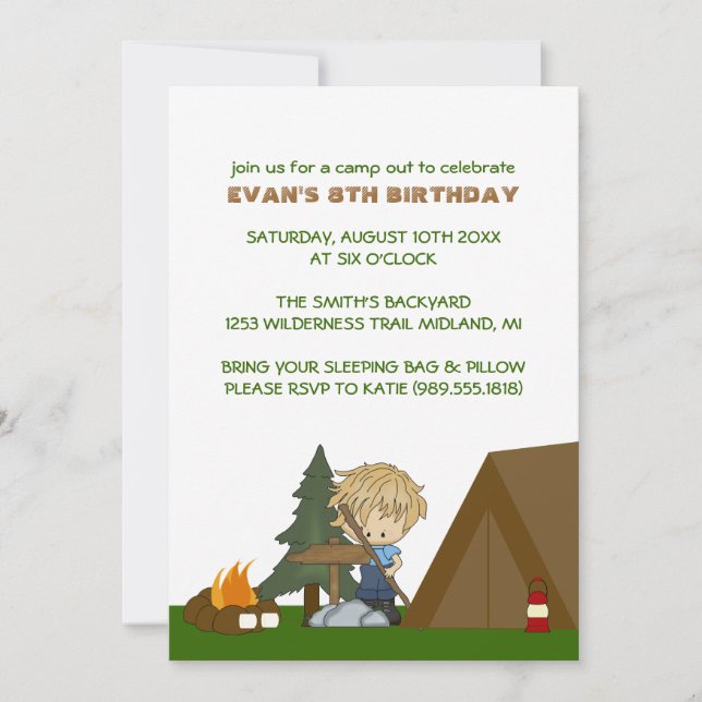 Invitaciones de fiesta de cumpleaños de campamento (Anverso)