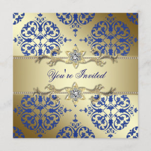 Invitaciones de fiesta de damasco dorado azul real