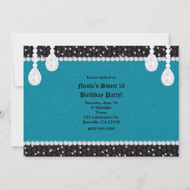 Invitaciones de fiesta de diamantes glam y turques (Anverso)