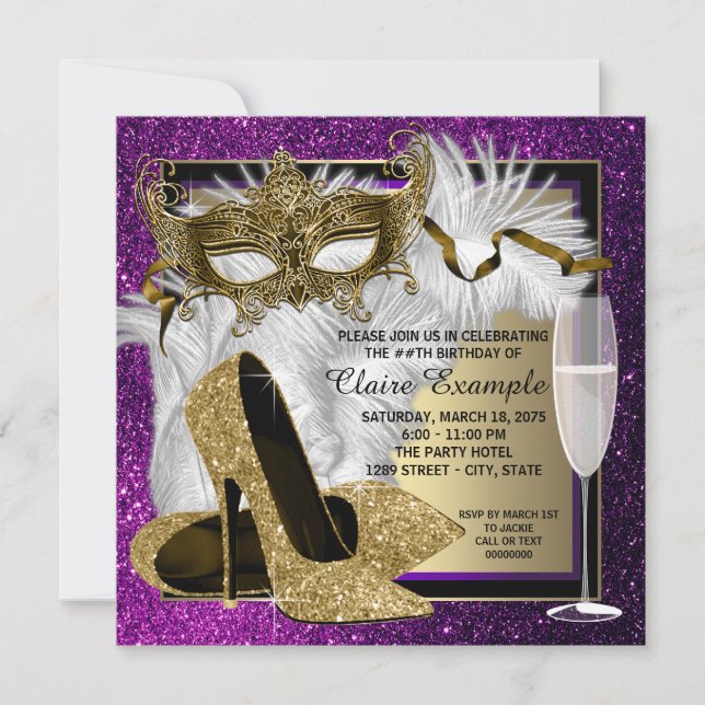 Invitaciones de fiesta de disfraz de oro morado pa (Anverso)
