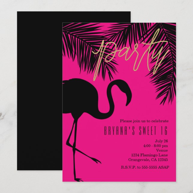 Invitaciones de fiesta de flamenco y palma rosadas (Anverso / Reverso)