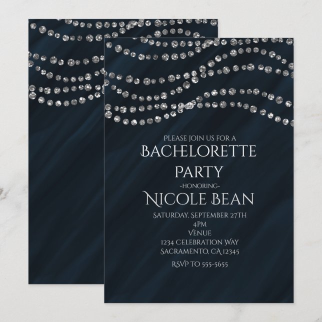 Invitaciones de fiesta de glamour y brillo azul y  (Anverso / Reverso)