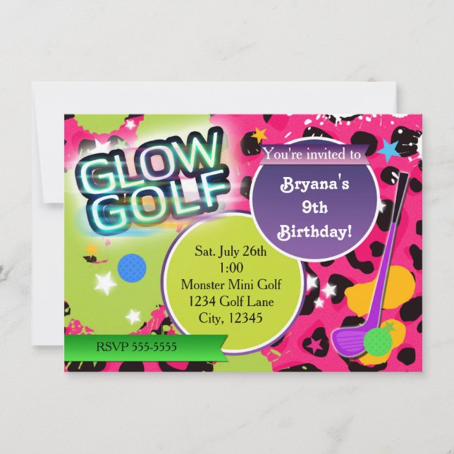 Invitaciones de fiesta de golf resplandor leopardo (Anverso)