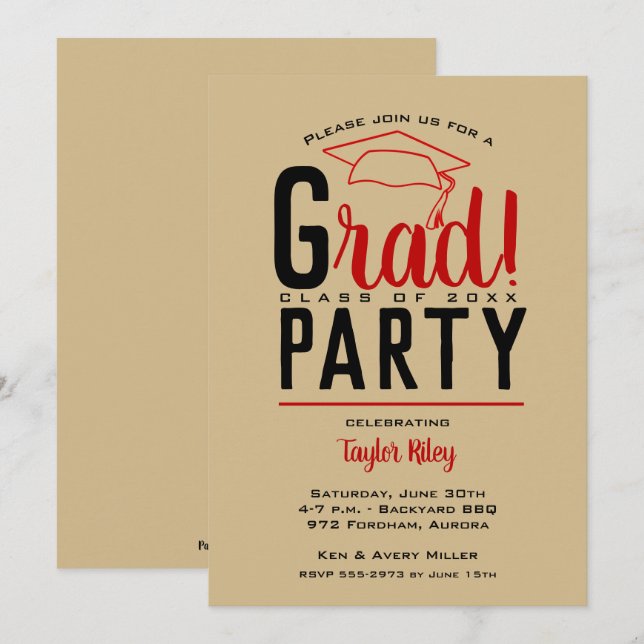 Invitaciones de fiesta de graduación de oro escarl (Anverso / Reverso)