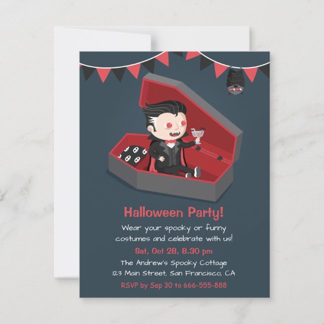 Invitaciones de fiesta de Halloween de chico vampi (Anverso)