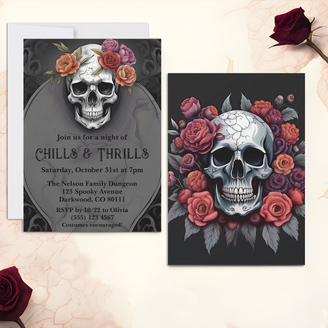Invitaciones de fiesta de Halloween de cráneo maca (🌹 Macabre Elegance: Floral Skull Halloween Invitations! 🦇)