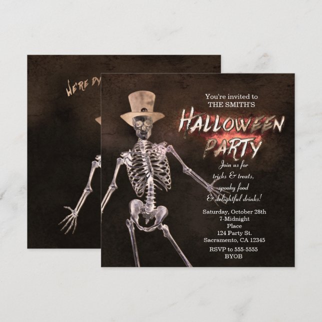 Invitaciones de fiesta de Halloween de esqueleto b (Anverso / Reverso)