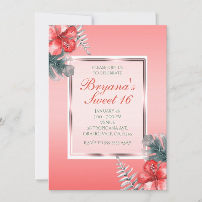 Invitaciones de fiesta de Hibiscus Tropical Coral  (Anverso)