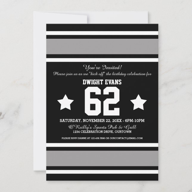 Invitaciones de fiesta de Jersey negro y plata (Anverso)