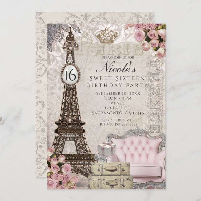 Invitaciones de fiesta de la Torre Eiffel de París (Anverso / Reverso)