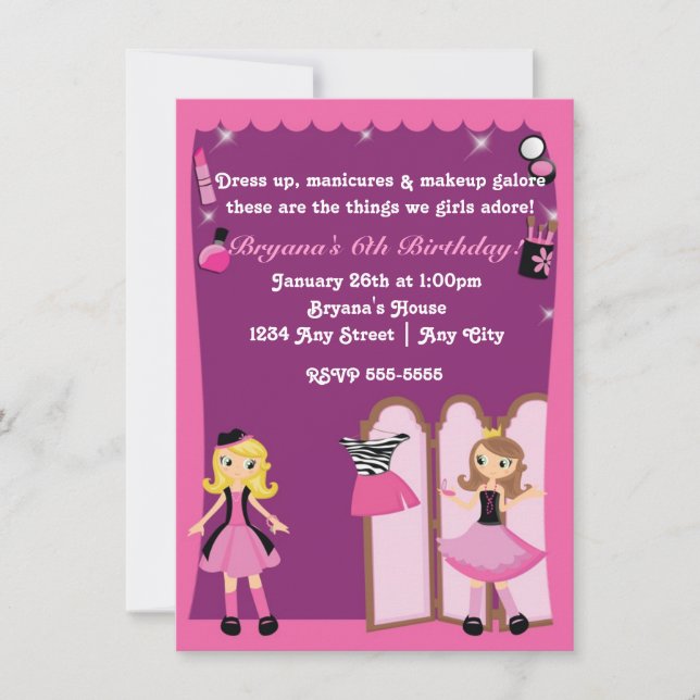 Invitaciones de fiesta de maquillaje para chicas g (Anverso)