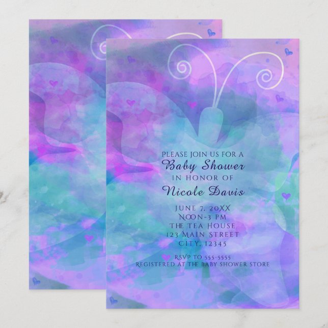 Invitaciones de fiesta de mariposas de acuarela pa (Anverso / Reverso)