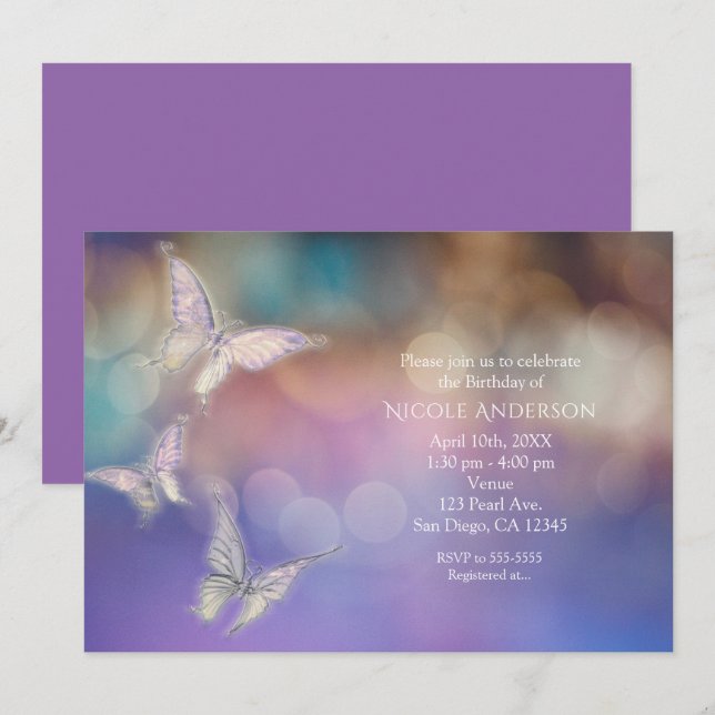 Invitaciones de fiesta de mariposas pastel de prim (Anverso / Reverso)