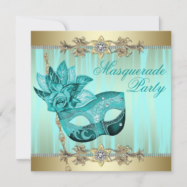 Invitaciones de fiesta de máscara azul turquesa (Anverso)