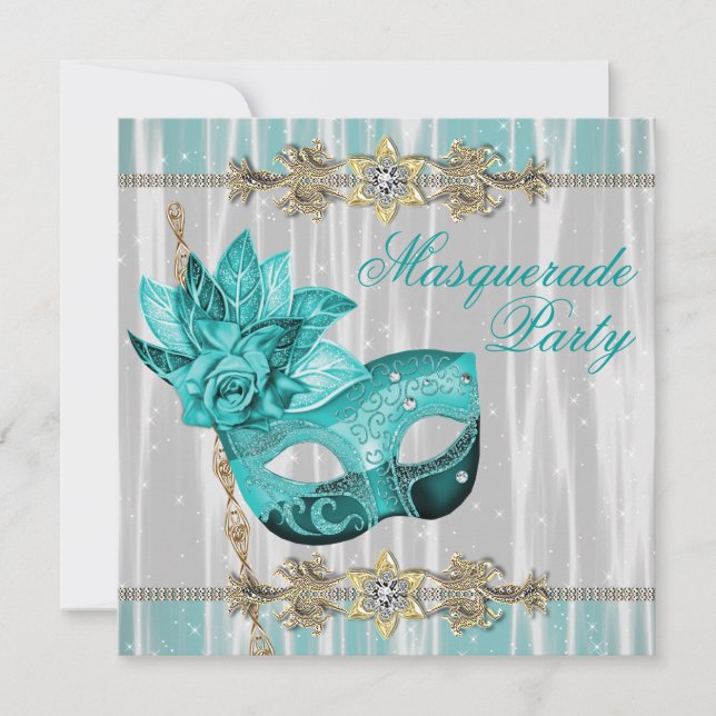 Invitaciones de fiesta de máscara azul turquesa (Anverso)