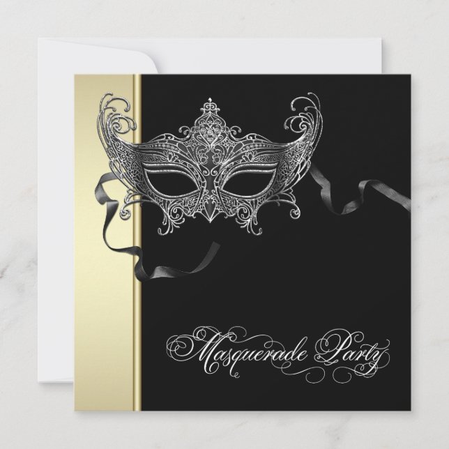 Invitaciones de fiesta de máscara de oro negro ele (Anverso)