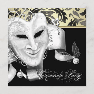 Invitaciones de fiesta de máscara de oro negro ele