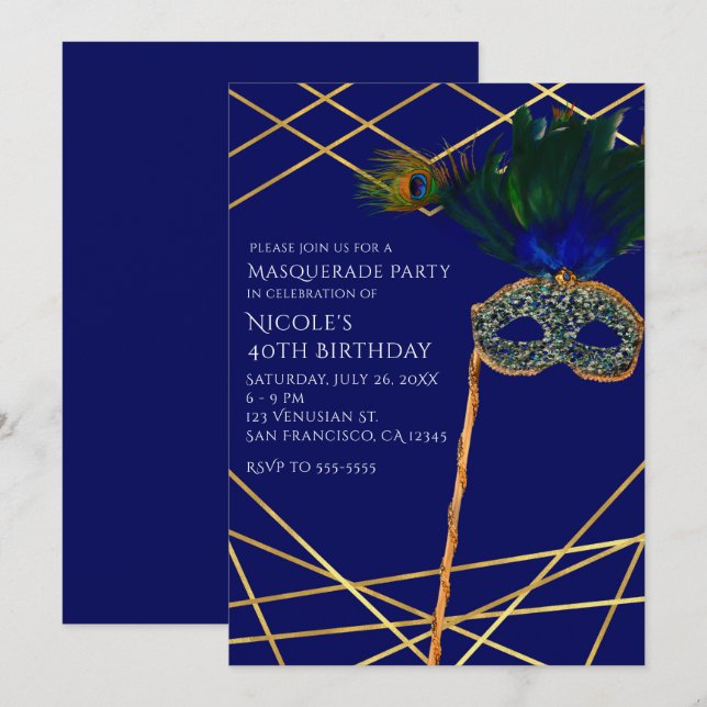 Invitaciones de fiesta de máscara de pavo real azu (Anverso / Reverso)