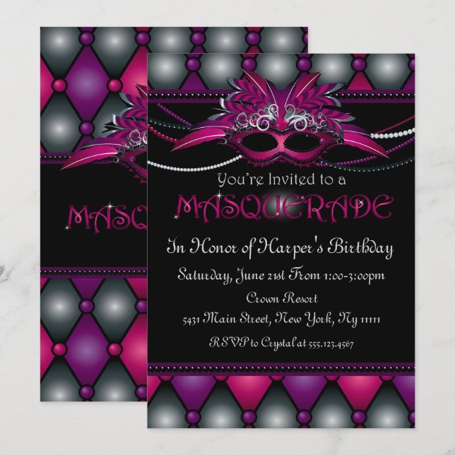 Invitaciones de fiesta de mascarada morada (Anverso / Reverso)