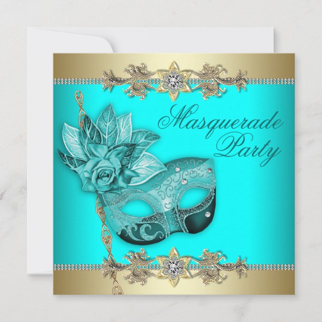 Invitaciones de fiesta de máscaras azul turquesa (Anverso)